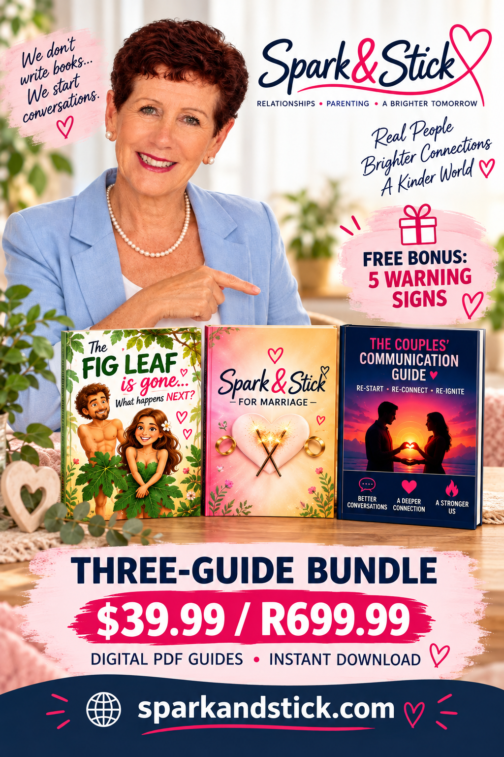 Spark & Stick three-guide relationship bundle with free 5 Warning Signs bonus, advertised at $39.99 / R699.99