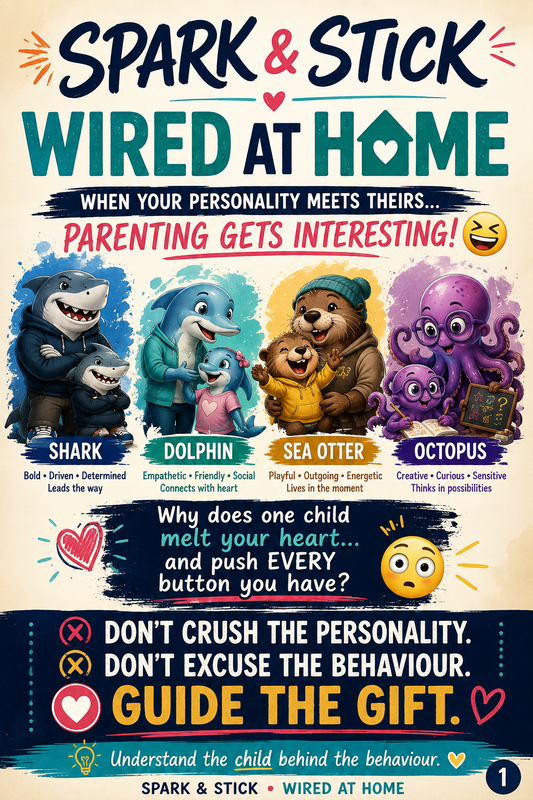 A colorful book cover titled 'Spark & Stick Wired at Home' with playful cartoon shark, dolphin, sea otter, and octopus characters, plus text about parenting and behavior guidance.